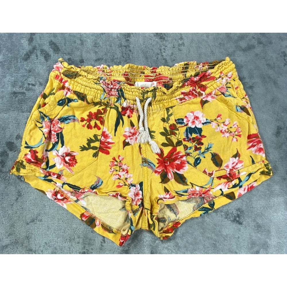 April Kiss Floral Linen Blend Shorts Medium Women Yellow Drawstring Beach Casual